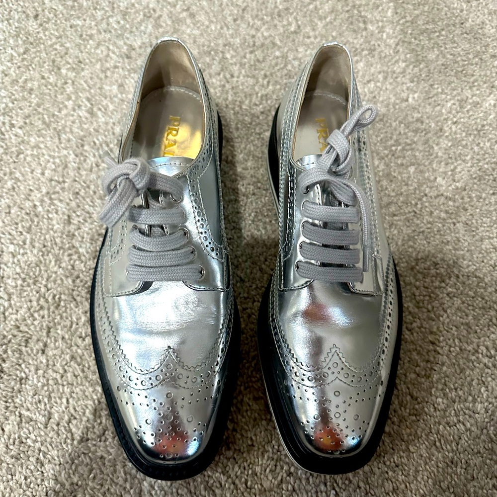 Prada Metallic Silver Lace-Up Loafers